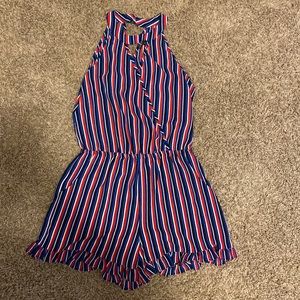 red white and blue romper, with pockets and a v-neck